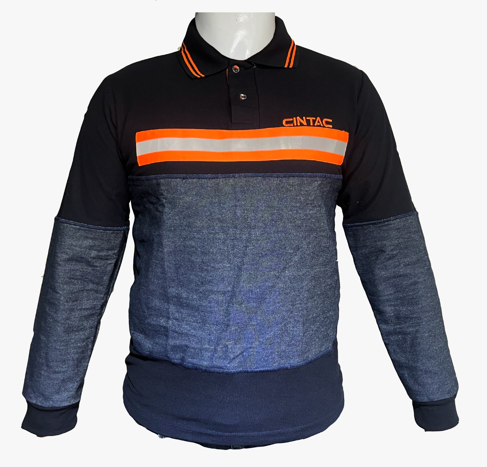 Polera piqué manga larga con aplicación mezclilla + reflectantes - Frente